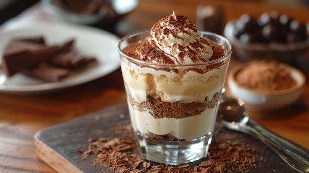 Photo glass of tiramisu dessert topped with whipped cream cocoa powder and chocolate shavings on a wooden table