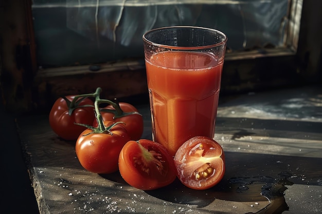 Glass of Tomato Juice and Fresh Tomatoes on Rustic Wooden Surface