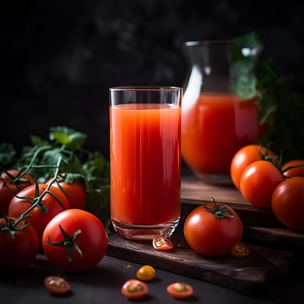 A glass of tomato juice next to a pitcher of tomatoes.