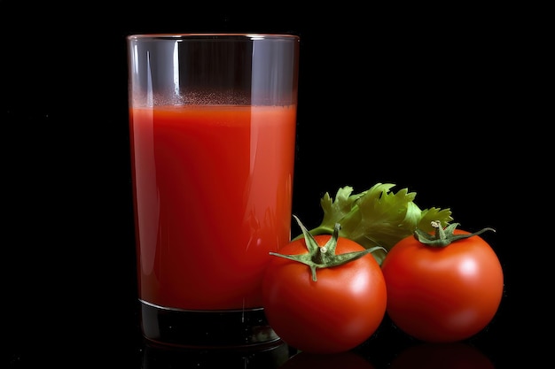 A glass of tomato juice next to three tomatoes generative AI