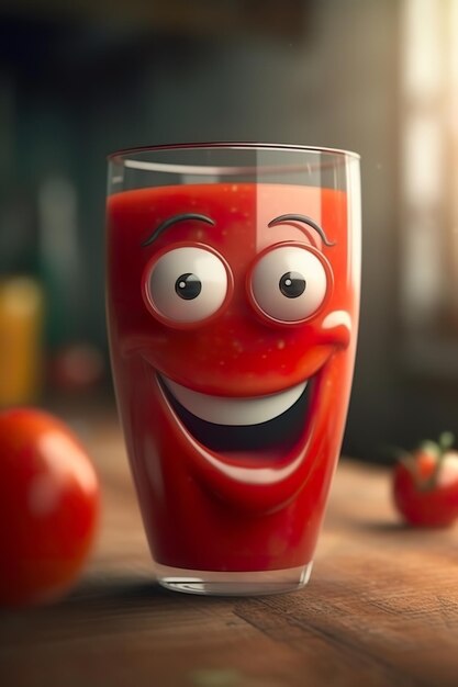 A glass of tomato juice with a smiling face.