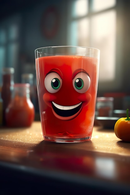 A glass of tomato juice with a smiling face.