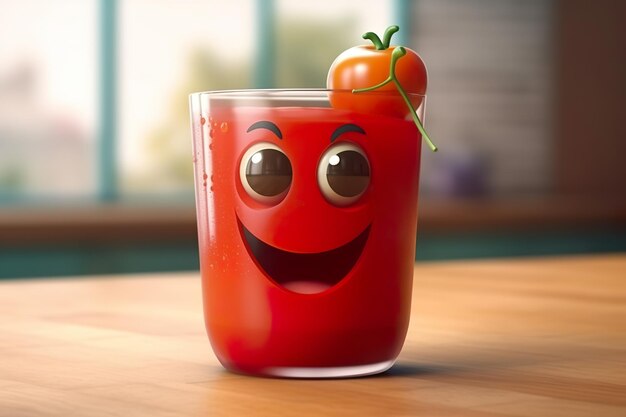 A glass of tomato juice with a smiling face