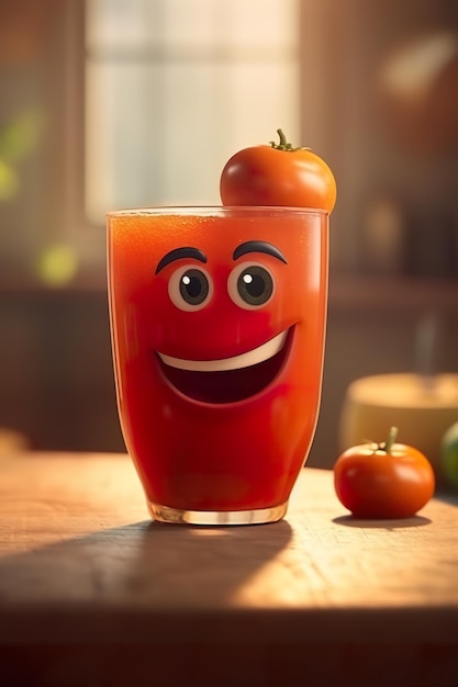 A glass of tomato juice with a smiling face