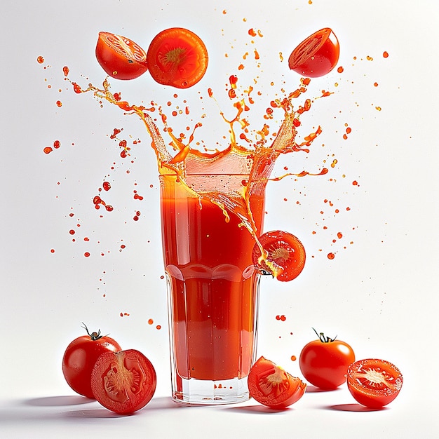 a glass of tomato juice with tomatoes and a bunch of tomatoes in it