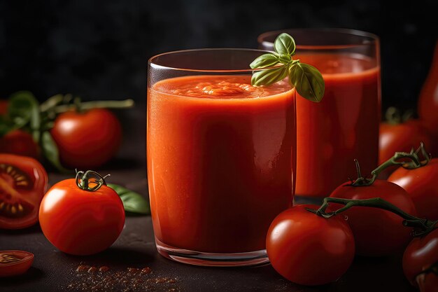 Glass Of Tomato Smoothie Surrounded By Fresh Tomato Slices Generative AI