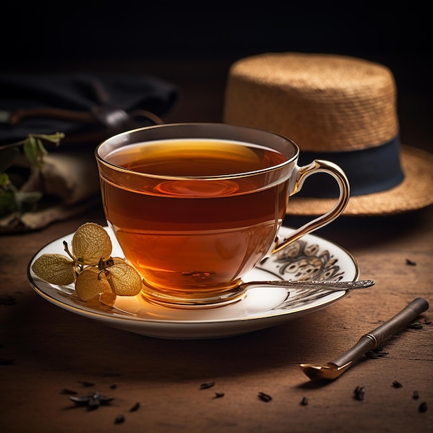 Glass transparent cup of black tea and dry tea in bags on the background of scattered tea leaves