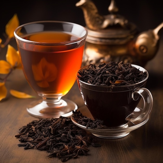 Glass transparent cup of black tea and dry tea in bags on the background of scattered tea leaves