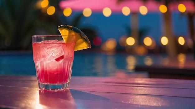 Glass of tropical cocktail poolside with a pineapple garnish