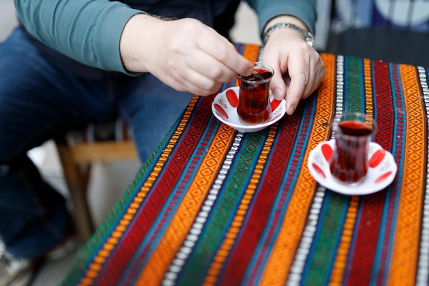 Glass of Turkish tea selective focus Traditional Turkish tea