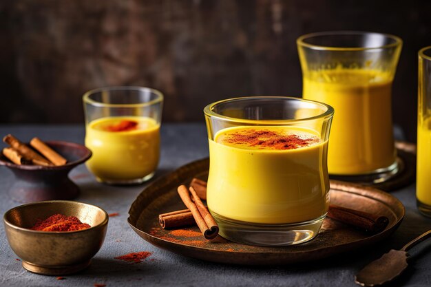 A glass of turmeric milk sits on a plate next to other glasses of paprika powder.