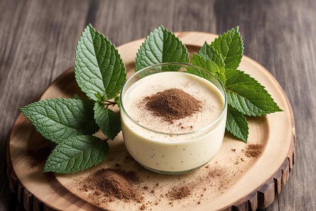 A glass of vanilla milkshake with a sprig of mint on a wooden table.