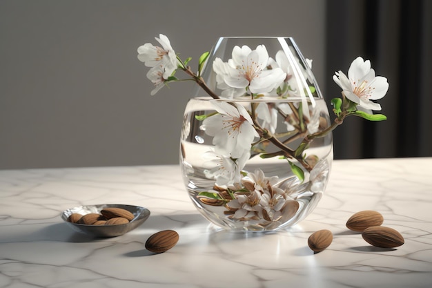 A glass vase with almonds and almonds is on a marble table.