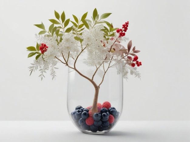 a glass vase with berries and berries in it