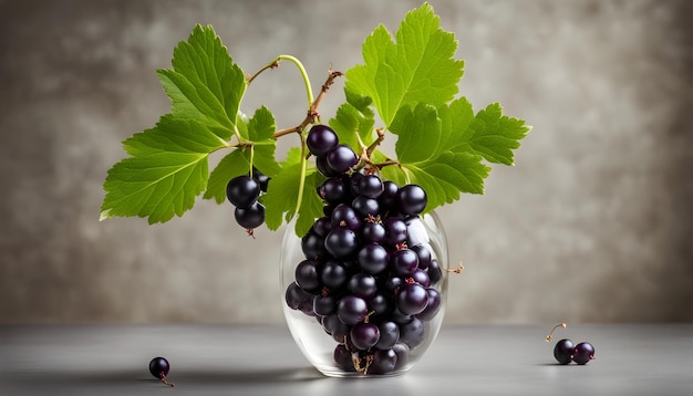 a glass vase with a bunch of grapes in it and a leaf that says  blackberry