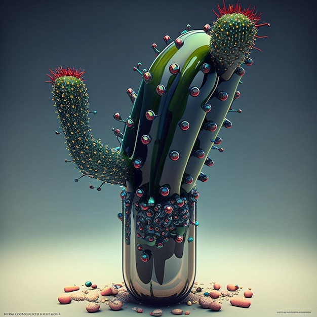 A glass vase with a cactus and some pills in it.