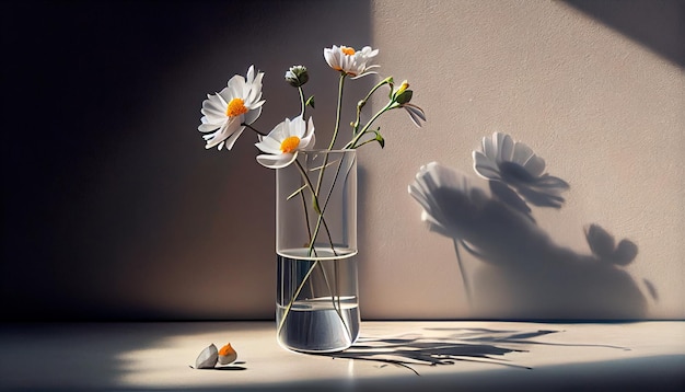 A glass vase with flowers in it on a white tablecloth surface with a shadow of a wall in the background and a gray wall in the background Generative AI