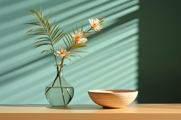 Glass vase with flowers wooden bowl on the table