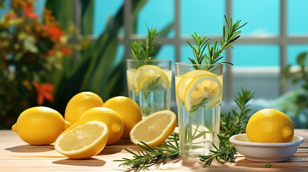 Photo a glass vase with lemons and lemons on a table