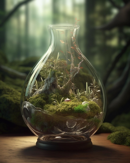 A glass vase with moss and a tree on it