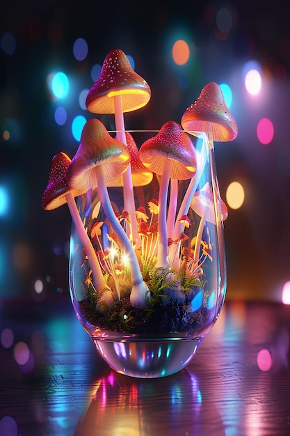 Photo a glass vase with mushrooms and mushrooms in it