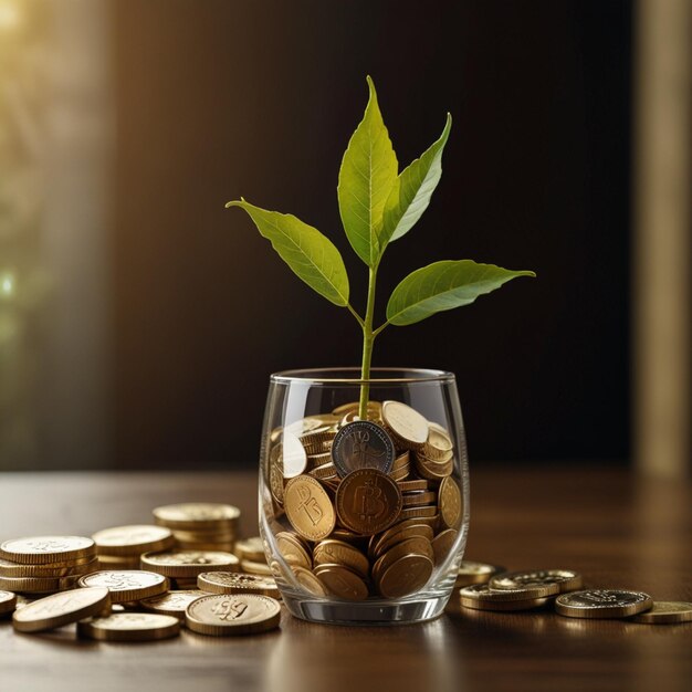 a glass vase with a plant growing out of it and a small plant in it