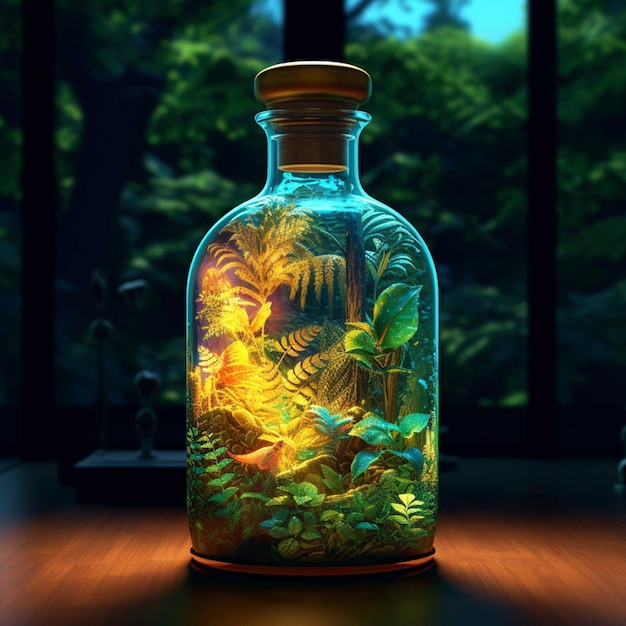 Glass vase with a plant inside on a wooden table 3d rendering