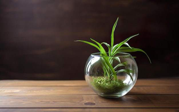 A glass vase with a plant in it on a wooden table.