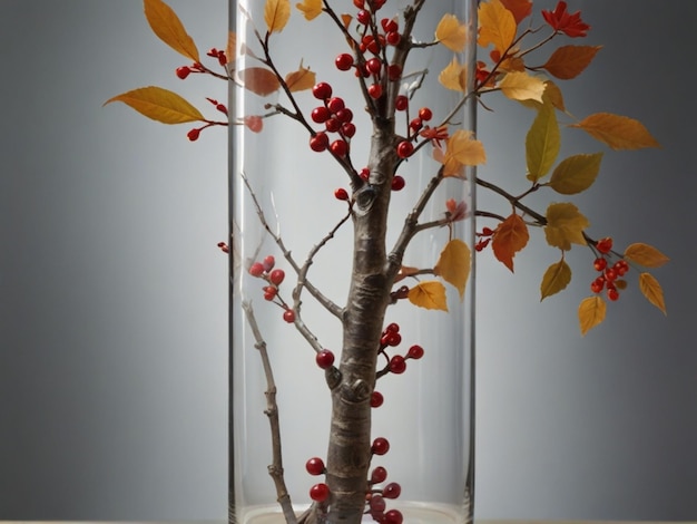 a glass vase with red berries and a branch with leaves on it