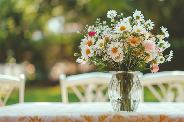 Glass vase with spring flowers on the table in the garden