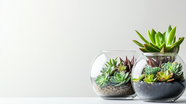 a glass vase with succulents in it and other plants in it