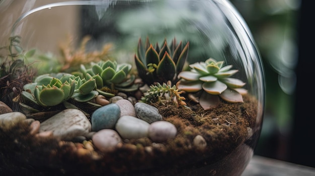 A glass vase with a variety of succulents and rocks.