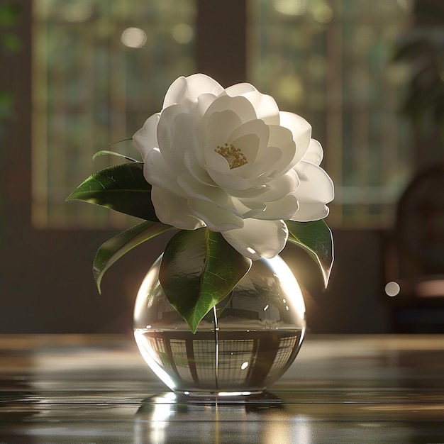 a glass vase with white flowers in it and a green leaves in the center