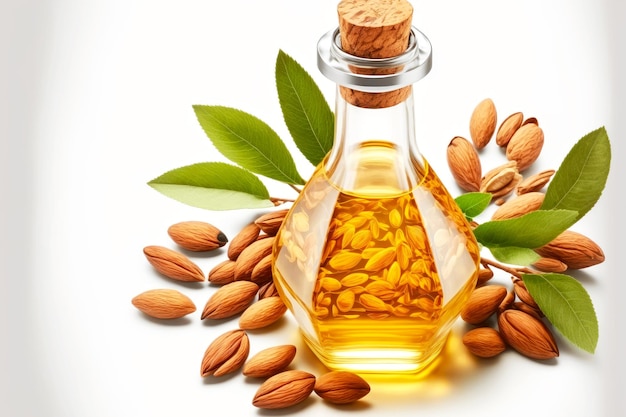 Glass vial of almond oil closed with stopper with scattered almonds and green leaves on white background