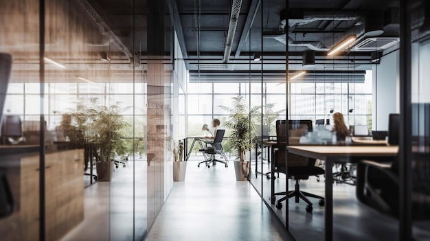 A glass wall in a modern office with a man working at a desk.