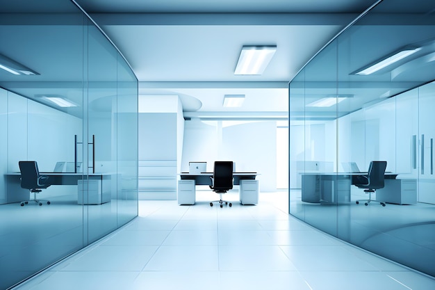 A glass wall in a office with a desk and a chair.