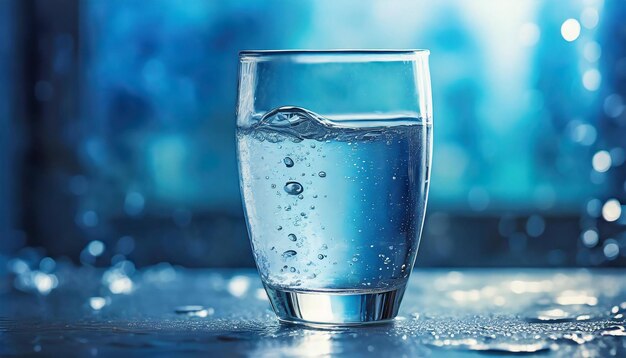 Glass of water and drops on table Refreshing mineral drink Blue tones Blurred bokeh