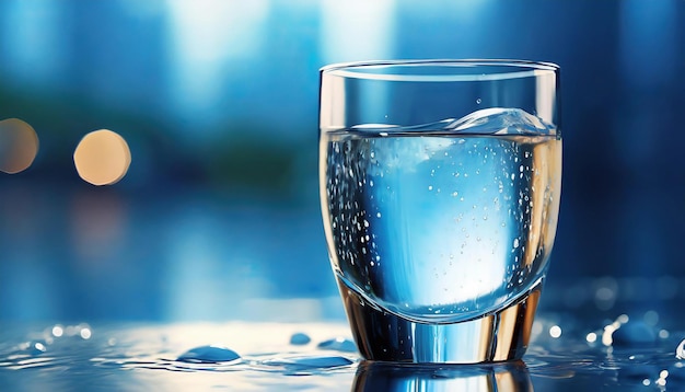 Glass of water and drops on table Refreshing mineral drink Blue tones Blurred bokeh