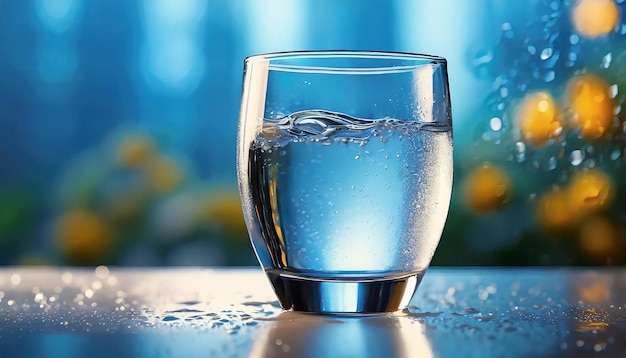 Glass of water and drops on table Refreshing mineral drink Blue tones Blurred bokeh