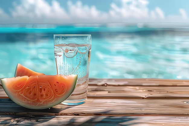 Photo a glass of water next to a half a sliced watermelon