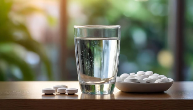 Glass of water and heap of round pills on table Health care and medicine