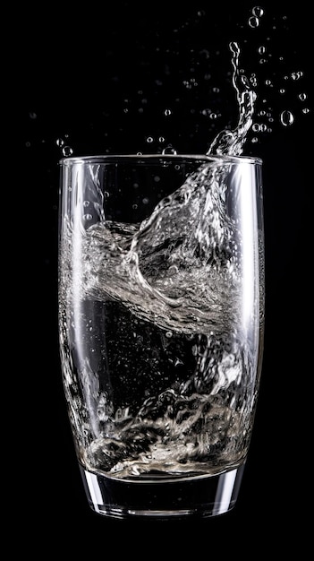 A glass of water is filled with water on a black background.