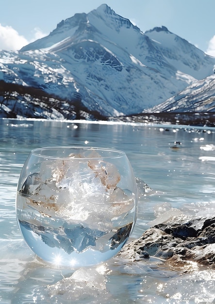 A glass of water is sitting on a rock in front of a mountain