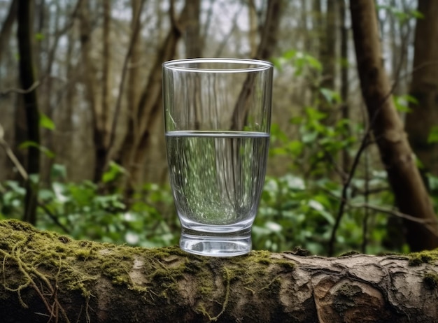 A glass of water on a moss covered stone The forest background is blurred sunlight