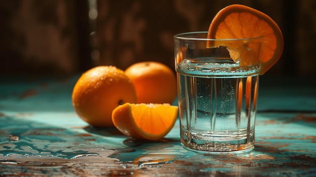 a glass of water next to an orange and a half full of an orange