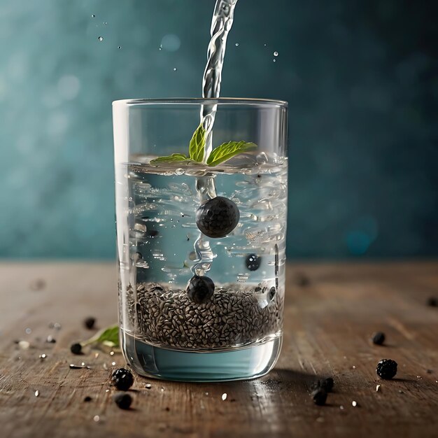 Photo a glass of water pouring into a glass with seeds and seeds