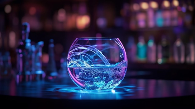 A glass of water sits on a bar counter with a blue light behind it.