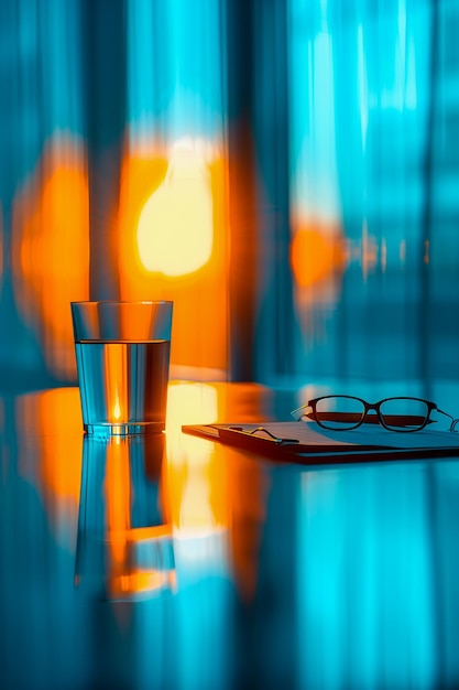 Photo a glass of water sits on a table next to a clipboard and a pair of glasses