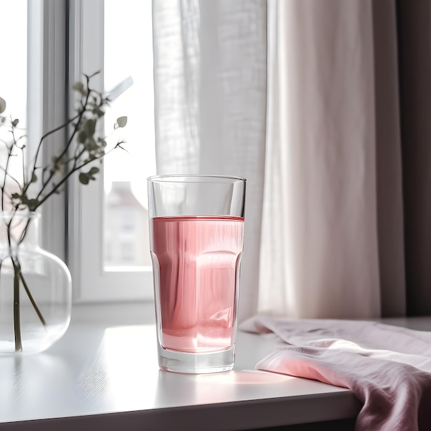 A glass of water sits on a table next to a vase of flowers.