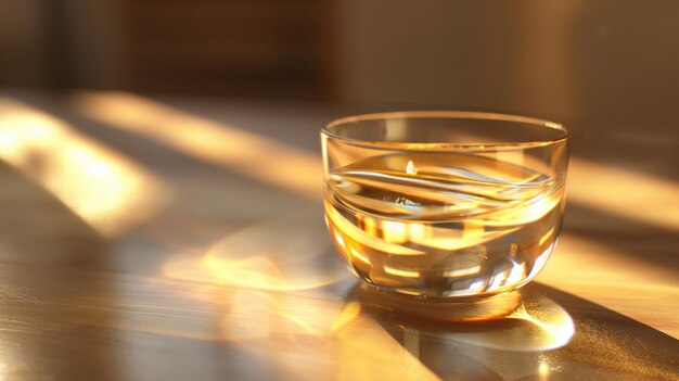 a glass of water sits on a table with the sun shining on it